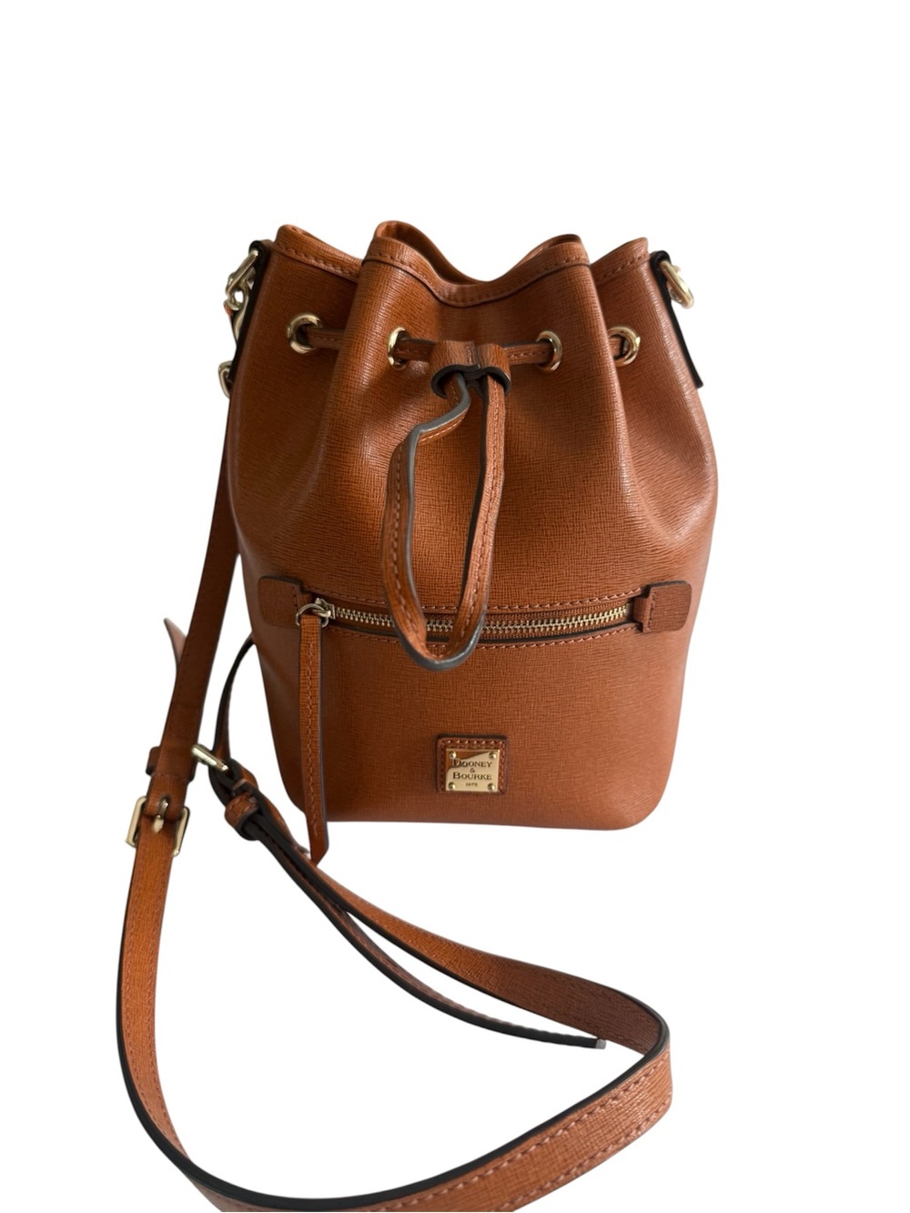 Dooney Bourke Saffiano Leather Drawstring Bucket Bag Honey Tan Crossbody Purse.